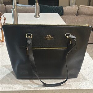 Coach Black Leather Tote with Gold Hardware